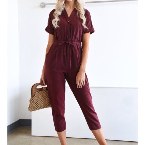 Everly Pants - Everly Button Front Tie Waist Jumpsuit